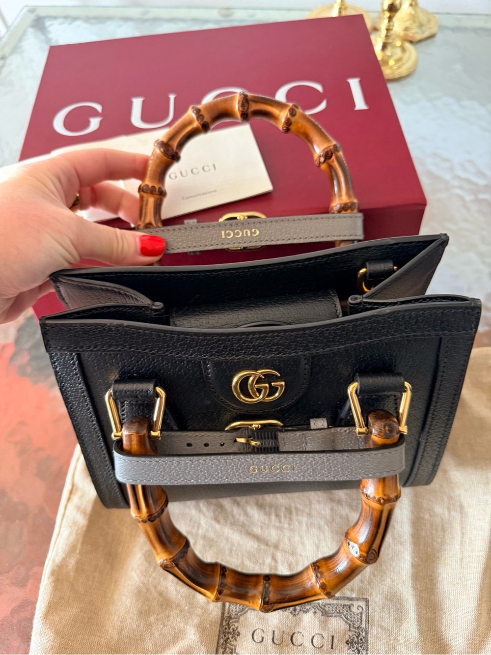 Gucci Diana black leather bamboo handle bag with pair of crossbody straps! New